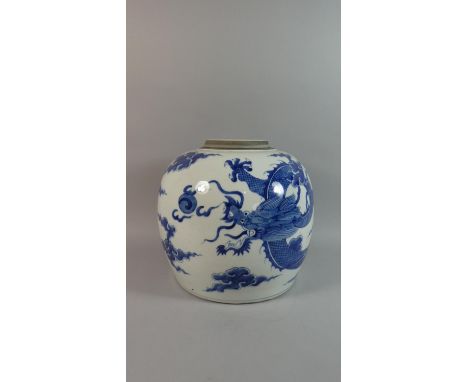 A Large Chinese Ginger Jar (Missing Lid). Painted with Blue Enamel Depicting Five Toed Dragon Chasing Pearl Amongst Clouds. 2
