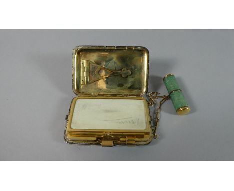 A Matching Gilt and Faux Shagreen Covered Ladies Fitted Powder Compact with Inner Hinged Mirror, Sprung Clip, Notelet and Pen