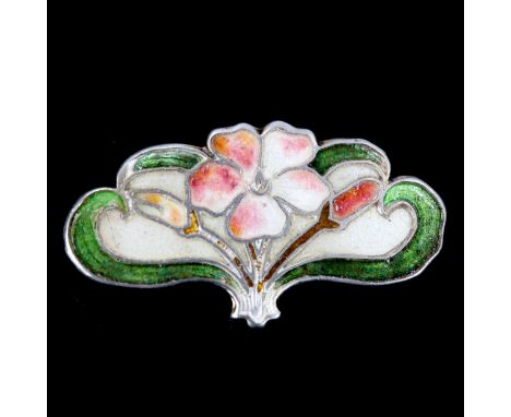 A Bermuda Art Nouveau sterling silver and enamel floral brooch, length 28mm, 3.3gEnamel has a couple of small losses around b