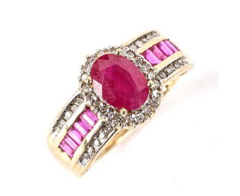 A modern 9ct gold ruby and diamond cluster ring, set with oval and baguette-cut rubies with single-cut diamonds, setting heig