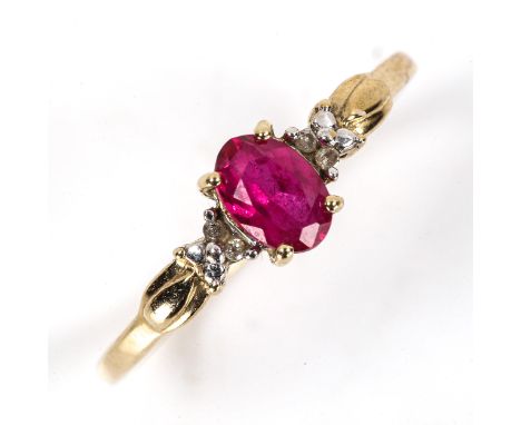 A modern 9ct gold synthetic ruby and diamond dress ring, set with oval-cut ruby and single-cut diamonds, ruby length 6mm, siz