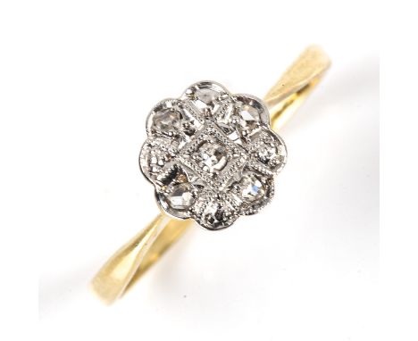 An Art Deco 18ct gold diamond cluster panel ring, platinum top settings with single and rose-cut diamonds, setting height 8.6