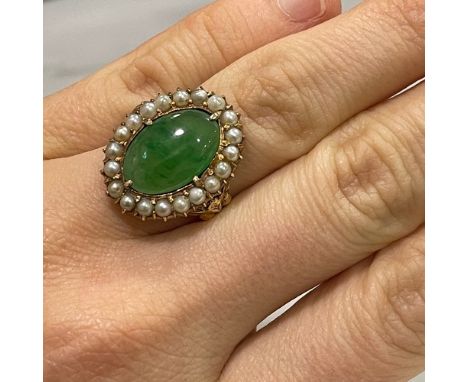 A Continental 14ct rose gold jade and pearl cluster ring, relief floral shoulders, setting height 21.3mm, size approx K, 5.4g