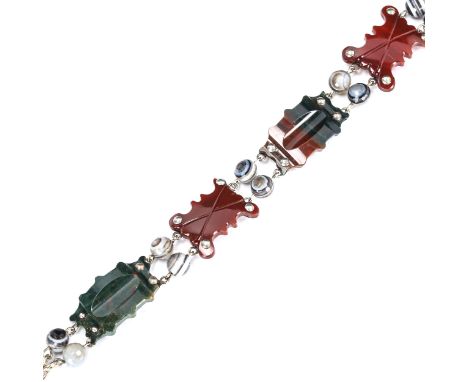 A Scottish sterling silver and hardstone panel bracelet, hardstones include bloodstone, banded agate etc, bracelet length 22c