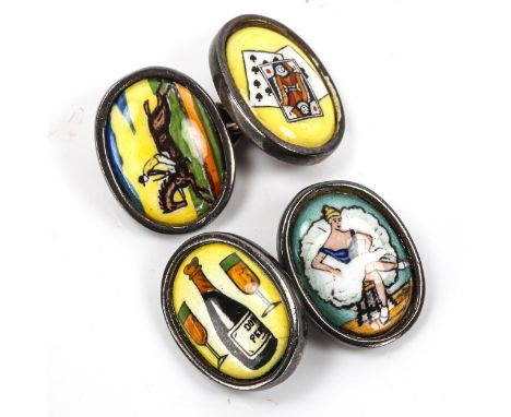 A pair of Vintage silver and hand painted enamel novelty cufflinks, depicting playing cards, racehorse, dancer and champagne,