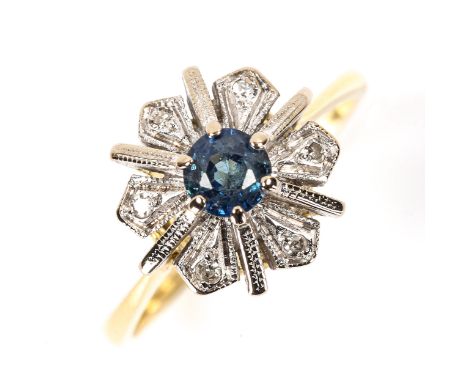 A late 20th century 18ct gold sapphire and diamond cluster snowflake ring, set with round-cut sapphire and single-cut diamond