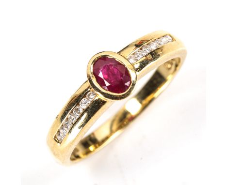 A modern 18ct gold ruby and diamond dress ring, set with oval mixed-cut ruby and round brilliant-cut diamonds, setting height