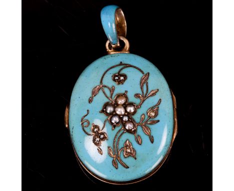 A Victorian Continental silver blue enamel and split pearl locket pendant, engraved floral design with enamelled bale, overal