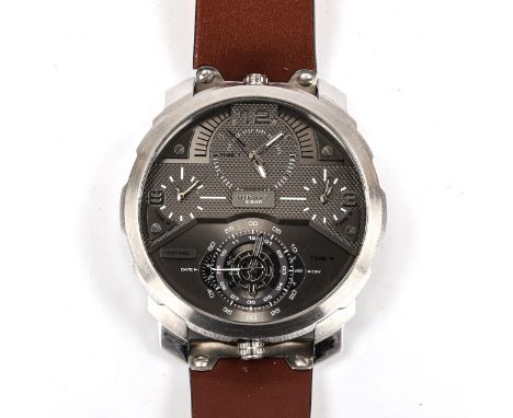 DIESEL - a stainless steel Machinus quartz 4-timezone wristwatch, ref. DZ-7360, gun metal dial with 4 subsidiary dials, date 