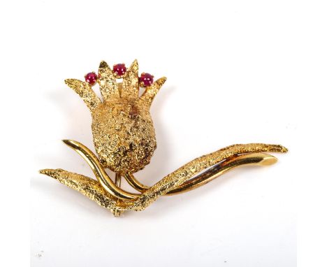 A late 20th century 18ct gold ruby floral brooch, textured and polished settings with round cabochon rubies, maker's marks HG