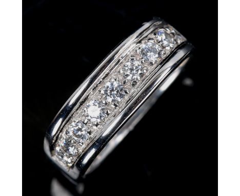 A heavy modern 18ct white gold diamond half eternity ring, square-shaped shank set with modern round brilliant-cut diamonds, 