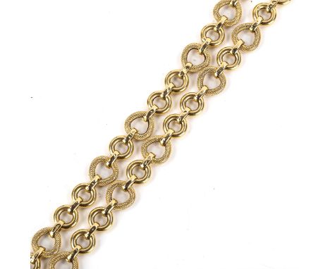 An Italian 18ct gold hollow hoop link necklace, textured and polished settings, necklace length 40cm, 22.2gNo broken links, s