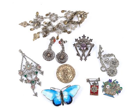 Various jewellery, including large Scandinavian sterling and enamel butterfly brooch, Georg Jensen Kingmark badge, Iona ameth