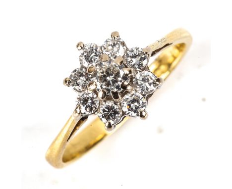 A late 20th century 18ct gold diamond cluster flowerhead ring, set with modern round brilliant-cut diamonds, total diamond co