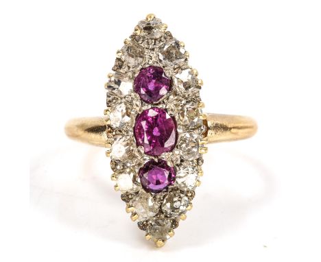 An Edwardian 18ct gold ruby and diamond marquise cluster ring, set with oval and round-cut rubies with old-cut diamonds, tota