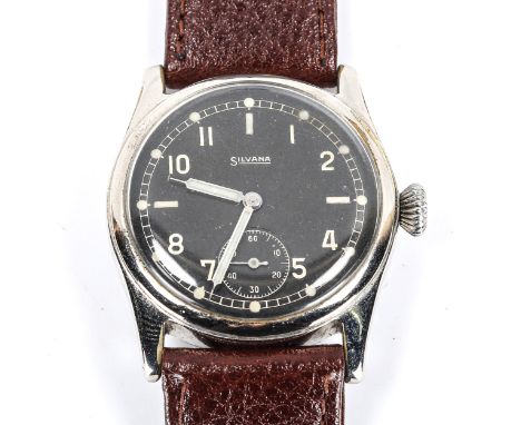 SILVANA - a Second World War Period chrome plated German Military issue mechanical wristwatch, black dial with Arabic numeral