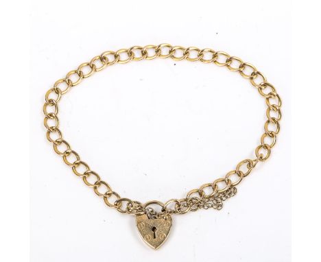 A small 9ct gold flat curb link bracelet with heart padlock, length 16cm, 3.3gNo broken links, settings are quite worn with l