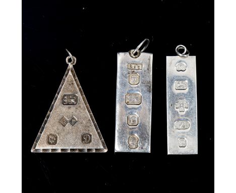 3 silver ingot pendants, including Jubilee example, largest height excluding bale 44.8mm, 54.6g total (3)No damage or repair,