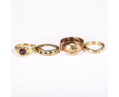 3 x 9ct gold rings, 9.7g, and an unmarked yellow metal cabochon garnet ring, 2.2g (4)Lot sold as seen unless specific item(s)