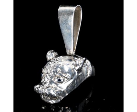 A large modern silver sapphire figural lion-head pendant, overall height 47.5mm, 47.5gNo damage or repair, general surface we