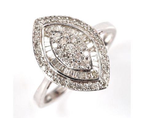 A modern 9ct white gold diamond marquise cluster ring, set with modern round brilliant and baguette-cut diamonds, total diamo