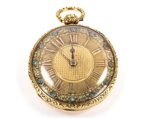 A fine George III 18ct gold open-face key-wind pocket watch, by William Evill of Bath, engine turned and textured dial with a