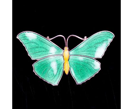 An Art Nouveau sterling silver green and yellow enamel figural butterfly brooch, wingspan 37.6mm, 4.6gNo damage or repair, no