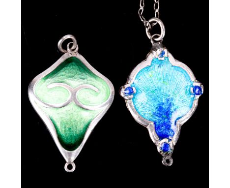 2 Art Nouveau unmarked silver and enamel pendants, largest height excluding bale 31.1mm, 5.1g total (2)Blue example loop has 