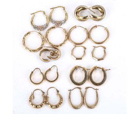 10 pairs of 9ct gold hoop earrings, largest diameter 20mm, 9.3g total (10 pairs)No damage, a few light dents, fittings workin
