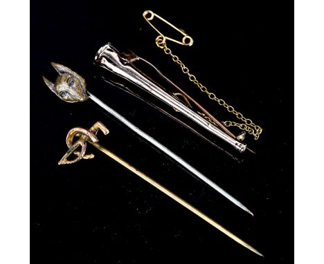 3 Antique hunting design stickpins and brooches, comprising 9ct gold hunting horn posy holder, brass fox mask example etc, 4.