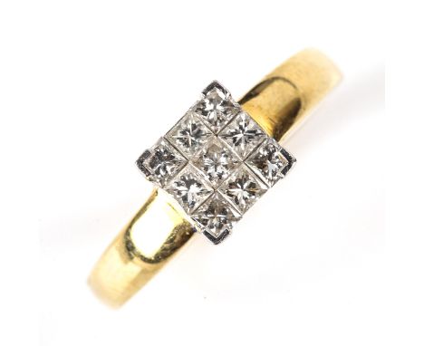 An 18ct gold diamond square cluster ring, set with Princess-cut diamonds, total diamond content approx 0.5ct, setting height 