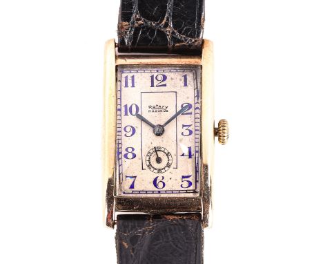 ROTARY - an Art Deco 9ct gold Maximus mechanical wristwatch, silvered dial with blue enamel Arabic numerals, blued steel hand