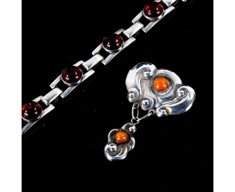 NIELS ERIK FROM - a Vintage Danish sterling silver and amber panel bracelet, and an unnamed silver and amber brooch, bracelet