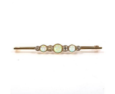 A graduated opal and diamond bar brooch, unmarked gold settings with round cabochon opals and old-cut diamonds, total diamond