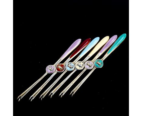 N M THUNE - a set of 6 Vintage Norwegian vermeil sterling silver and harlequin enamel lobster picks, length 15cm, cased1 of t