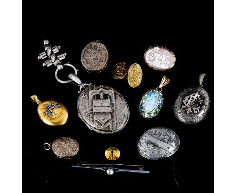 Various jewellery, including 9ct gold cufflink, 5.4g, 18ct stud, 0.9g, unmarked basket of flowers enamel locket pendant, came