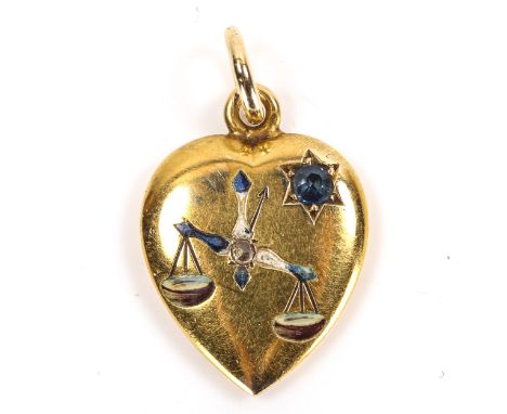 A 19th century 15ct gold sapphire diamond and enamel heart pendant, depicting scales and star, pendant height excluding bale 
