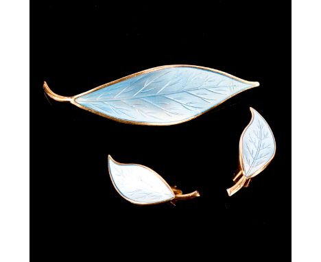DAVID ANDERSEN - a Vintage Norwegian vermeil sterling silver and blue enamel leaf matching brooch and clip-on earring set, br