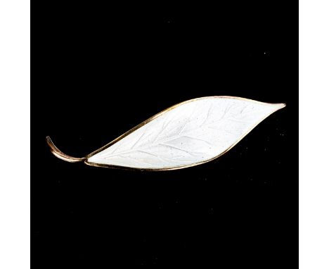 DAVID ANDERSEN - a Vintage Norwegian vermeil sterling silver and white enamel leaf brooch, length 66.7mm, 7gNo damage or repa