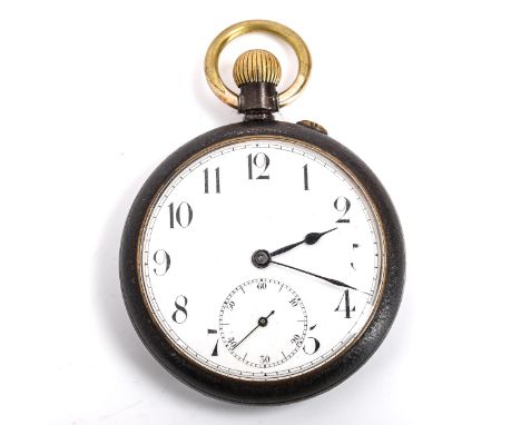 An early 20th century gun-metal cased open-face keyless-wind pocket watch, white enamel dial with hand painted Arabic numeral