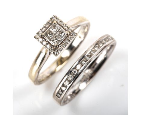 An 18ct white gold diamond bridal engagement set, comprising diamond halo cluster and half eternity ring, set with Princess a