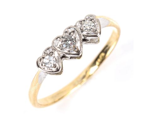 An 18ct gold 3-stone diamond heart ring, platinum-top settings with single-cut diamonds, setting height 4.8mm, size M, 2gNo d