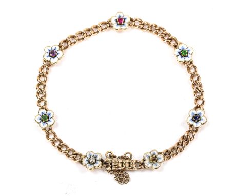 A late 19th/early 20th century DEAREST bracelet, unmarked gold curb links with enamel gem set flowerheads, bracelet length 18