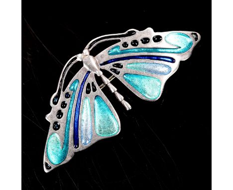 A Vintage sterling silver and enamel butterfly brooch, in Art Noveau style, by Pat Cheney, dated 1982, wingspan 48.1mm, 6gNo 