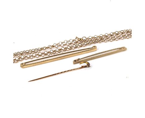 Various gold jewellery, comprising 9ct, 10.5g, and 15ct horseshoe stickpin, 1gLot sold as seen unless specific item(s) reques