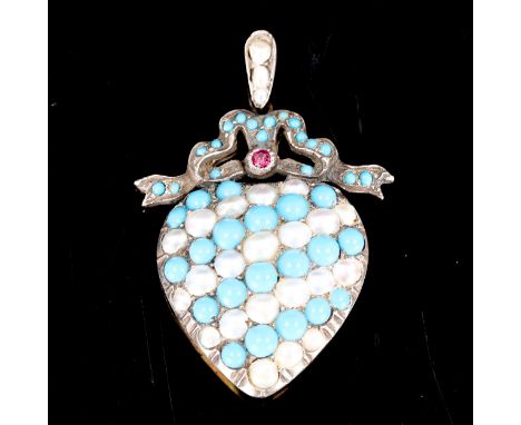 A pearl and blue glass heart pendant, unmarked yellow and white metal settings, pendant height excluding bale 37.2mm, 11.7gMo
