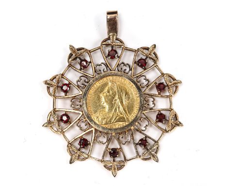 A Queen Victoria 1899 full sovereign gold coin, in large 9ct gold garnet openwork pendant mount, overall height 64.1mm, 20.4g