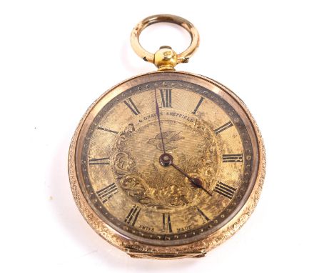 A 14ct gold open-face key-wind fob watch, by G Graves of Sheffield, gilded dial with engrave decoration, Roman numeral hours 
