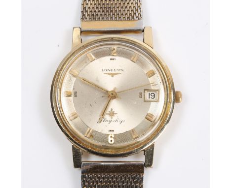 LONGINES - a Vintage gold filled Flagship mechanical bracelet watch, silvered dial with gilt halfly Arabic numerals, sweep ce
