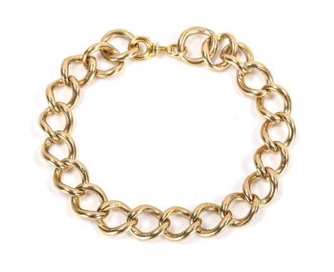 A heavy 9ct gold curb link bracelet, maker's marks S and K, hallmarks London 1967, bracelet length 20cm, 45.6gNo broken links